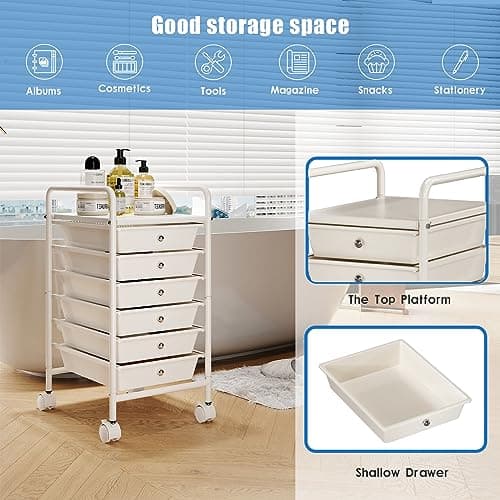 Johgee 6 Drawers Plastic Storage Cart, Multipurpose Mobile Organizer Shelving Unit with Lockable Wheels, Rolling Cart Storage Trolley for Home Office Stationery Makeup Beauty & Salon — view 5