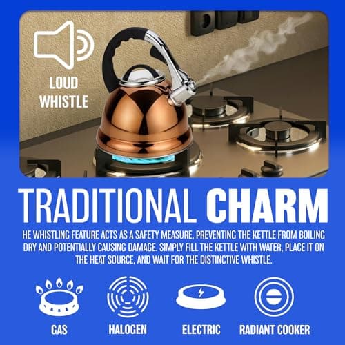 3.5l Gold Whistling Kettle - Stainless Steel Gas Electric Hob Kitchen | Phenolic Handle, Non Drip Whistling Spout, 3.5 litres Capacity - Indoor & Outdoor | Suitable for Fishing, Hiking, Camping — view 3