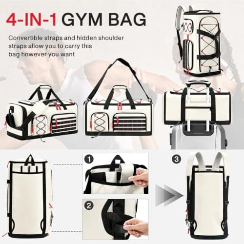 35L Gym Bag with Shoe Compartment, Dry & Wet Separation Overnight Bag-White — view 2