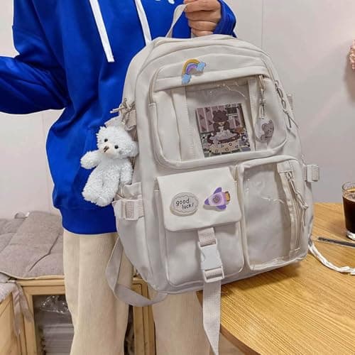 School Bags for Girls Cute Backpack with Bear Pendant Large Capacity Kawaii Rucksack with Cartoon Pin and Card Aesthetic Multi Pocket School Bag Back to School Teenage Secondary Primary Middle Pink — view 2