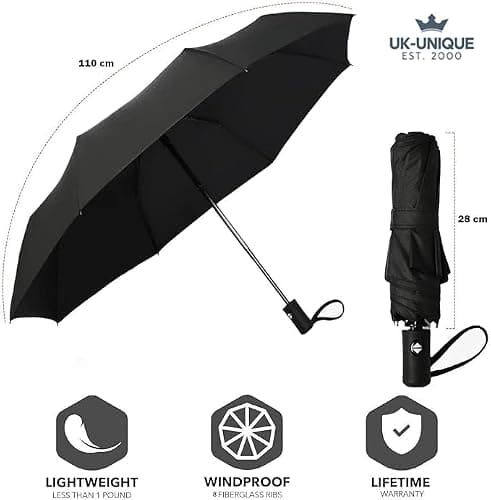 UK-UNIQUE Windproof Travel Umbrella - Compact, Light, Automatic, Strong and Portable - Wind Resistant, Small Folding Backpack Umbrella for Rain - For Men and Women (Black.) — view 2