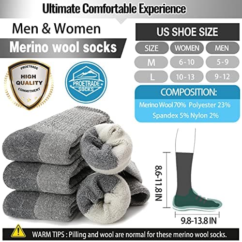 PROETRADE Mens Womens Merino Wool Thermal Socks Walking Thick Warm Hiking Cushioned Work Boot Winter Stocking Fillers for Men Women Gift Socks 4 Pairs(Grey,L) — view 5