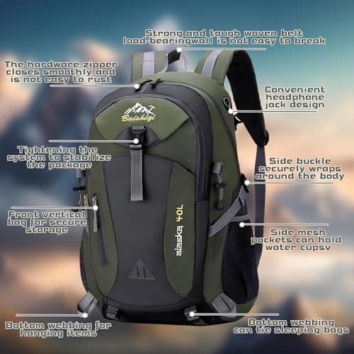 Lightweight Hiking Backpack 40L Polyester Travel Trekking Backpack for Women Men Outdoor Sports Camping Climbing Skiing Cycling, Green, L — view 3