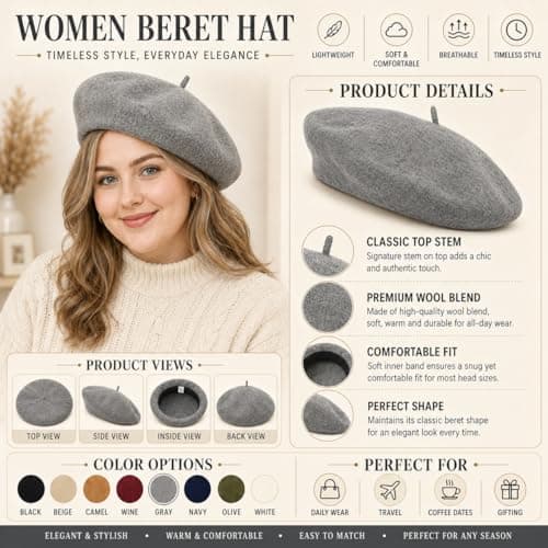 reshmena® Adult Beret Hat Women French Style Wool Hat Plain Classic Color Berets Hat's Unisex Soft Warm Outdoor Vintage Artist Hat's Beanie Unisex Beret Light Grey — view 2