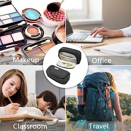 Liujiami Pencil Case Large Capacity 3 Compartments School Student Stationery Organiser for Kids Adults Office Makeup Cosmetic Bag Black — view 6