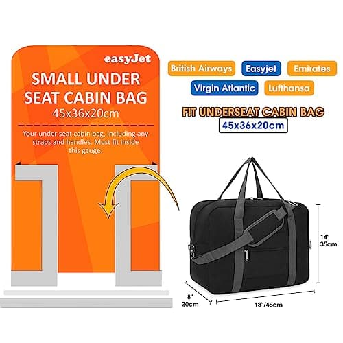 Narwey for Easyjet Cabin Bag 45x36x20 New Easyjet Underseat Foldable Travel Duffel Hospital Bag Holdall Tote Carry on Luggage Overnight Weekend Bags for Women and Men 30L(Black (with Shoulder Strap)) — view 2