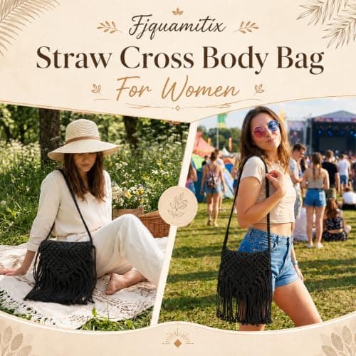 Fjquamitix Straw Cross Body Bag Women Boho Macrame Handmade Crochet Bag With Zipper Closure Fringe Shoulder Beach Purse Summer Handbags Travel Vacation Daily Use (Black) — view 2