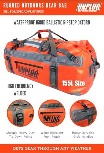 UNPLUG Ultimate Adventure Bag - 1680D Heavy Duty Waterproof Duffel Bag for Travel, Camping, Motorcycle, Hunting, Bug Out (155L Adventure Orange) — view 2