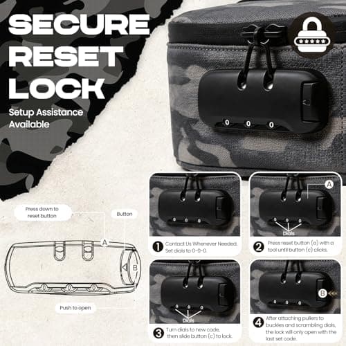 RYO TRUST Smell Proof Bag with Combination, Containers with Lock, Stash Bag for Storage and Travel, 8.7"×5.6"×3.8" Stash Bag with Metal Tray and Mini Foil Pocket，Camo — view 3