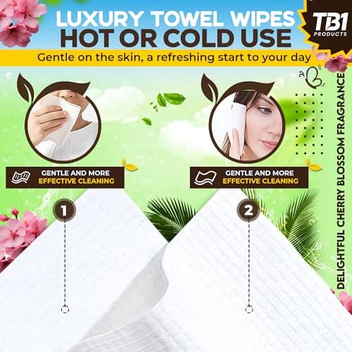 TB1 Products Luxury Towel Wipes 6 Pack – Cherry Blossom Scent – Large 25x25cm Disposable Towels – Individually Wrapped Soft Napkins for Face, Hands & Body – Hot or Cold Use for Travel & Events — view 4