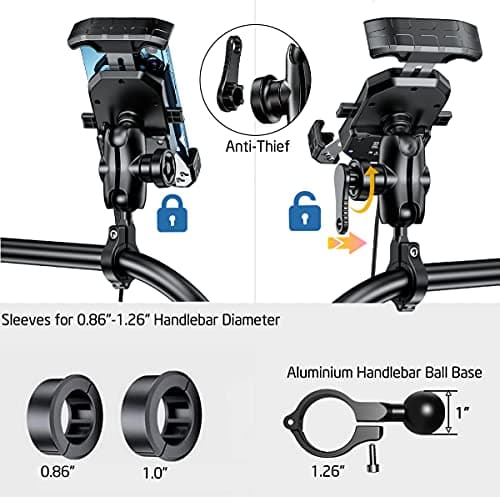 iMESTOU Anti-Theft Motorcycle Wireless Phone Mount Charger 15W & USB C 3A Handlebar 1" Ball Stem Phone Holder Works with 12V/24V Vehicle/USB Socket 720 Rotation Quick Charge for 4.0-7.0" Cellphones — view 3