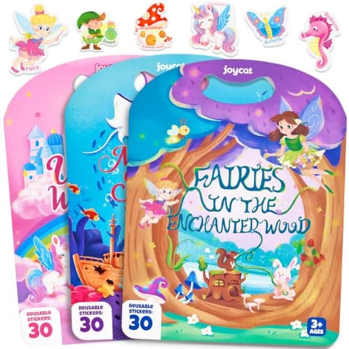 JoyCat Reusable Sticker Book Set (3-Pack): Unicorn, Fairies, Mermaid
