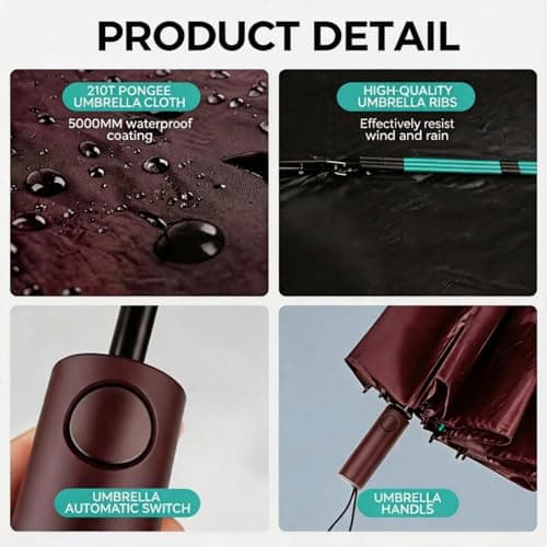 NAYEZH ﻿ Umbrella Windproof Travel Umbrella for Rain, Auto Open Close, 12 Ribs 3+2 Fiberglass Frame, Durable Compact Portable Umbrella for Daily Use (Burgundy) ﻿ — view 3
