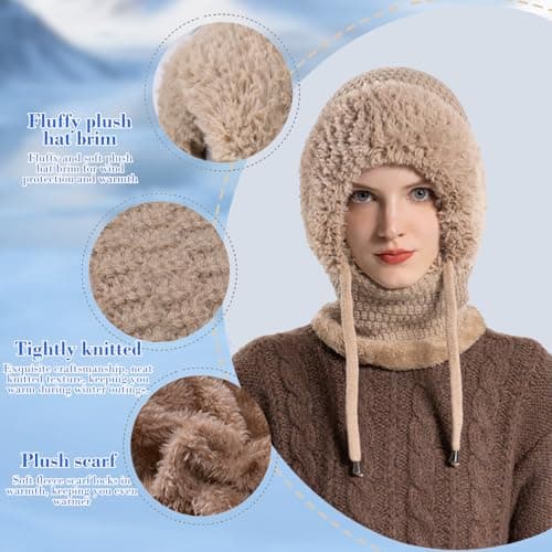 TASBER 3 in 1 Beanie Hat for Women, 3 in 1 Beanie Hat with Scarf and Mask, Women's Outdoors Windproof Scarf Hat (Khaki) — view 4