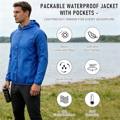ADUDVLO Men's Lightweight Waterproof Jacket with Pockets, Packable Hooded Windproof Rain Jacket for Travel, Running & Hiking – Includes Carry Pouch (UK, Alpha, L, Regular, Regular, Blue) — view 4