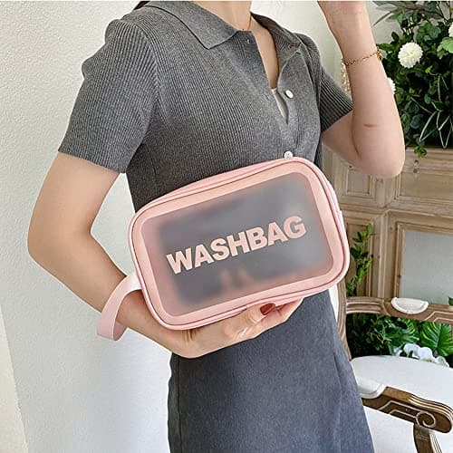 Aucuu 3PCS Clear Toiletry Bag, Wash Bag, Clear PU Makeup Bags, Waterproof Toiletry Travel Bags with Zipper Handle, Portable Airport Cosmetic B-ag for Travel Bathroom Men Women (Pink) — view 3