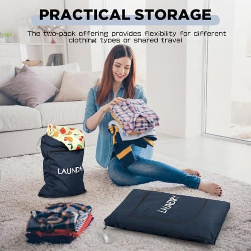 2 Packs Laundry Bags, Foldable Dirty Clothes Travel Laundry bag with Zipper, Washable Wet & Dry Organizer for Gym, Swimming, Yoga, Workout & Swimsuits (Navy Blue(Small+ Large)) — view 6