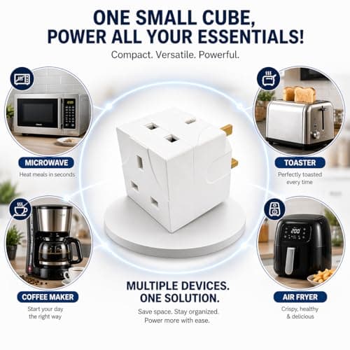 THE BELL 2 Way Adapter Plug UK 3 Pin Double Socket Wall Adapter, Compact 13A Plastic & Metal Multi Plug, 5 x 5cm Single Extension Cube For Home Travel Office, White, 1 Pack — view 6