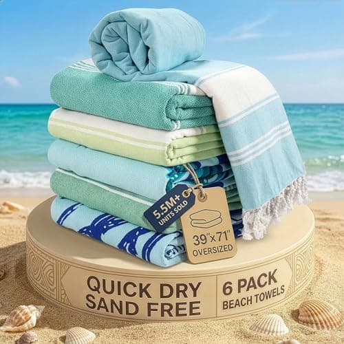LANE LINEN Turkish Beach Towels Set of 6, Cotton Rich Oversized Beach Towel, Lightweight Beach essentials For Women, Large Pool Towel, Absorbent & Quick Dry, Sand Free Beach Towel, 39"x71" - Aqua