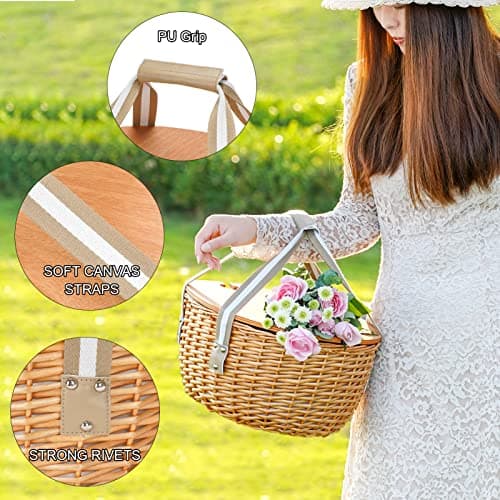 STBoo Picnic Basket for 2, Insulated Wicker Hamper with Table, (Beige New) — view 6