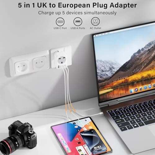 2 Pack UK To European Plug Adapter, 5 IN 1 European Travel Adaptor with 2 USB C & 2 USB A, EU Plug Adapter for Germany Spain France Turkey Greece etc (Type E/F) — view 4