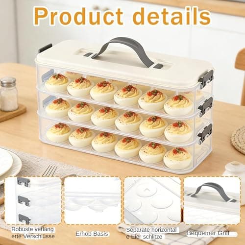 Deviled Egg Containers - Deviled Egg Platter, 31 x 12 cm, 3 Layer Tray for Kitchen Fridge, Portable Food Carrier, Multi Tier Stackable Design with Lid, Food Storage Tool for Travel, Party, Camping — view 6