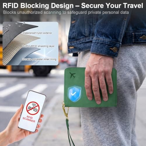 AOOSU Travel Wallet, Family Passport Holder, RFID Blocking Travel Accessories Document Organiser, Travels Document Holder for Tickets Waterproof Cover Holiday Essentials Case for Man & Woman Green — view 4