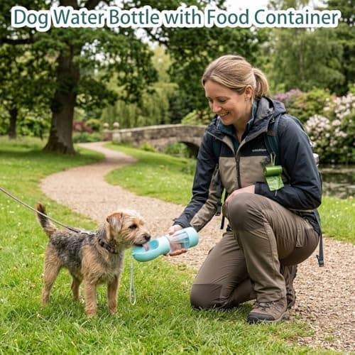 Dog Water Bottle with Food Container, Portable Dog Water Bottle, 3-in-1 Portable Pet Water Bowl, Portable Dog Bowl Cat Bowl and Poop Bag Dispenser for Walking Hiking Travel(Blue) — view 4