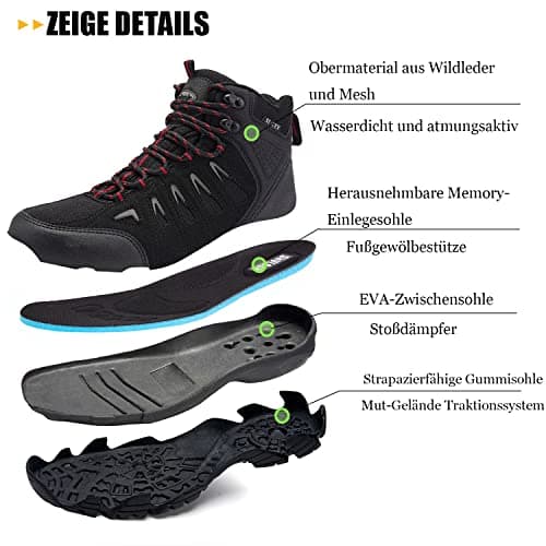 SHULOOK Men's hiking shoes, waterproof trekking shoes, non-slip high rise hiking boots, men's outdoor mountain shoes, ultralight trainers, camping, trekking, hiking, hiking boots, black red, 9 UK — view 3