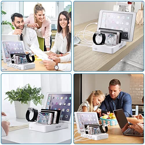 PRITEK Charging Station with 8pcs Short Charge Cables, 60W 6 Ports USB Charger Station Desktop Organizer Charging Dock Compatible for Phone Tablet Multiple Electronic Devices (White) — view 5