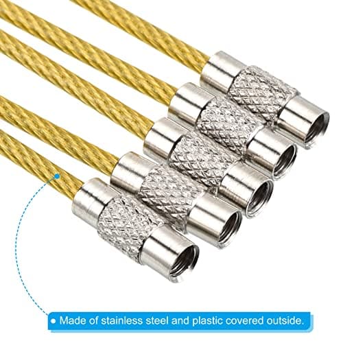 PATIKIL 6 Inch Length Wire Keychain Cable, 5 Pack Stainless Steel Key Ring Loop for Outdoor Hiking Sport, Yellow — view 4