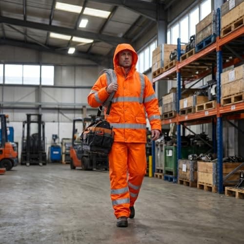Hi Vis Waterproof Rainsuit 2 Piece Jacket & Trousers Set – High Visibility Workwear Safety Rain Suit Overalls Protective Clothing Outdoor Work Unisex Lightweight Synthetic Waterproof Orange L — view 4
