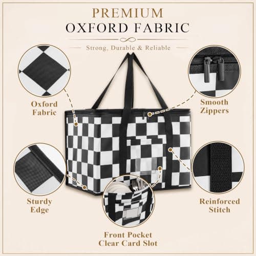 Ohocut Checkered Cooler Bag, Large 40L Foldable Insulated Grocery Shopping Bag, Checkerboard Cool Insulated Food Delivery Bag for Picnic, Camping, Travel (Black White) — view 5