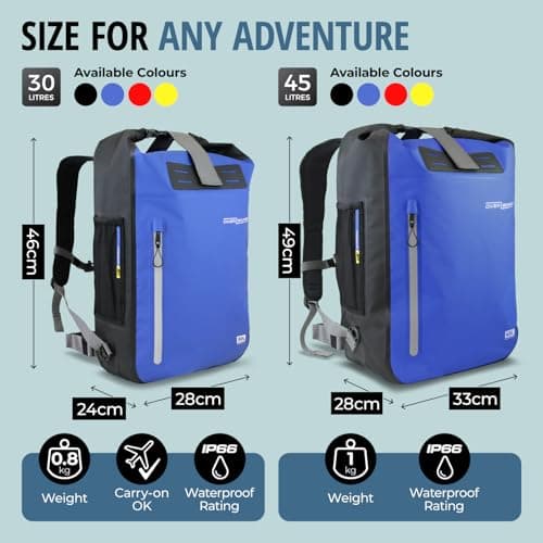 OverBoard Blue Explorer Waterproof Backpack 30L Bundle | Roll Top Floating Dry Bag for Kayaking, Beach, Boating, Hiking, Rafting | Includes Waterproof Phone Case and Backpack Organiser (Blue,30 Litre) — view 3