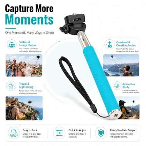 Selfie Stick - Traveller Monopod for Compact Digital Cameras, Action Cam - Works with Sony, Canon, Nikon, Panasonic and More with 1/4" Screw - Wrist Strap Included - Range: 22 to 109 cm - Blue — view 3