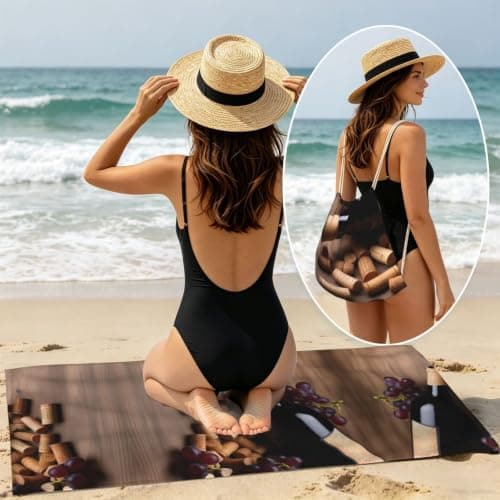 FHECVBN 2 in 1 Packable Towel Bag,Soft Absorbent Pool Towels Backpack Quick Dry Lightweight Beach Towels Wine Bottle Corks Grapes Drawstring Bag for Travel Camping Sports Picnic — view 6