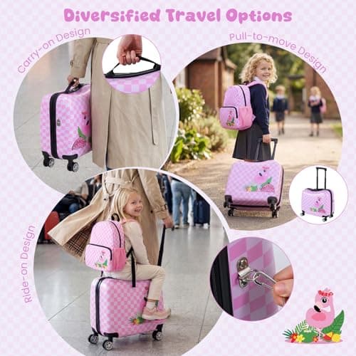 COSTWAY 2PCS Kids Luggage Set, Children Backpack and Ride-on Suitcase with Footrest, Anti-Lose Rope, Travel School Trolley Hardshell Case for Boys Girls (Flamingo, 28cm Backpack + 33cm Suitcase) — view 3