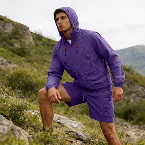Mens Tracksuit Sets Sun Protection Coord Sets For Men Uk Outdoor Casual Running Zip Up Jacket With Drawstring Hood Running Shorts Easy Care Summer Set Comfort Fit Travel Festival Purple Xxl — view 2