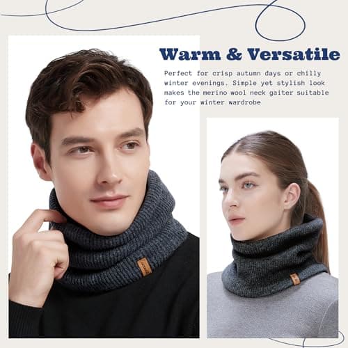 ACUSHLA 100% Merino Wool Neck Gaiter, Lined Winter Neck Warmer, Dark Grey — view 2