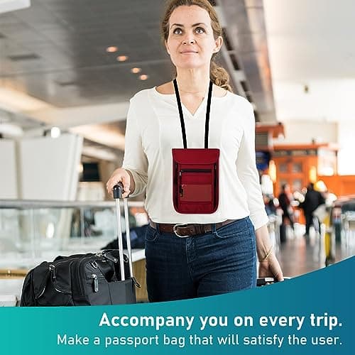 sundee Travel Neck Wallet with Double Zippers, RFID Blocking Passport Holder with Adjustable Neck Strap for Men and Women to Keep Cash, Credit Cards and Travel Documents Safe, Red, Small, Classic — view 4