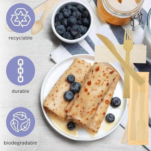 10Pack Luxury Individually Wrapped Disposable Cutlery Set; Each Includes Dinner Knives Forks Tissue; Eco-Friendly Wooden Guest Disposable Utensils for Party, Camping, Traveling, Family Dinners — view 4