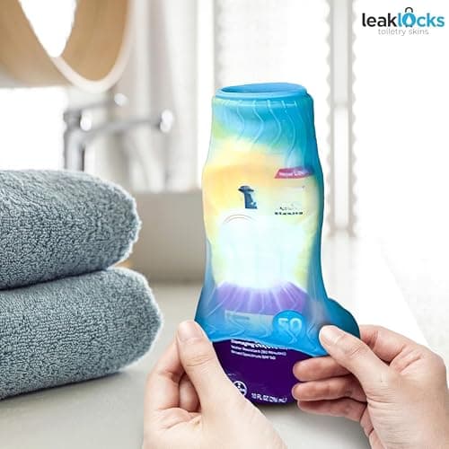 LeakLocks® Toiletry Skins™ Elastic Sleeve for Leak Proofing Travel Container in Luggage. for Standard and Travel Sized Toiletries. Reusable Accessory for Travel Bag Suitcase and Carry-on Luggage, — view 3