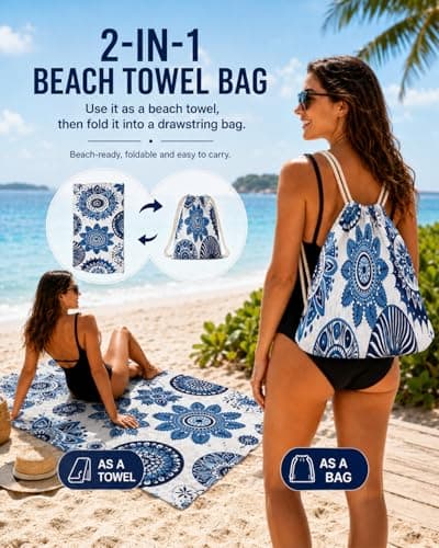 Microfibre Beach Towels for Adults 180x60cm, 2 in 1 Large Beach Towel That Turns Into a Bag, Quick Dry Reusable Soft Towels, Sand Free, Lightweight for Sun Loungers, Travel, Pool, Gym, Camping — view 3