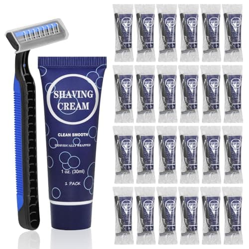 Disposable Shaving Razor Set, Individually Wrapped Manual Twin Blade Razors in Bulk Smooth Shaving Razors with Mini Shaving Cream Toiletries for Hotel Charity Camping Travel Homeless 30ml (30 Pack)