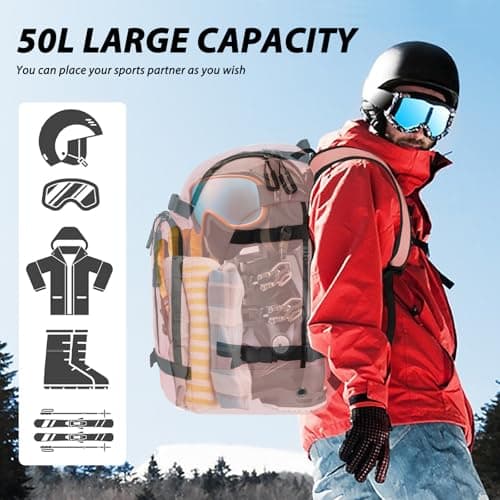 50L Ski Backpack - Water-resistant Ski Boot Bag for Men & Women, Ski Bag with Helmet Holder, Separate Compartments for Goggles, Gloves, Snowboard & Accessories, Durable Ski Carry On Backpack — view 3