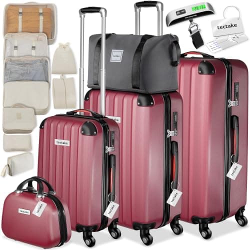 tectake® Hard-Shell Suitcase Set, Incl. 3 Suitcases, Beauty Case & Travel Bag, Travel Luggage Set with 360° Wheels, TSA Locks & Luggage Scale, Lightweight Suitcase Set with ABS Shells - Burgundy