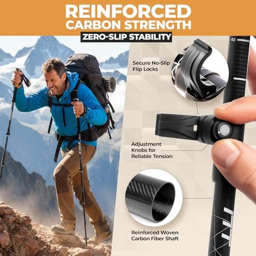 Foxelli Carbon Fiber Walking Poles – Lightweight Collapsible Hiking Poles with Cork Grips, Quick Flip Locks & All-Terrain Accessories – Adjustable Height Hiking Sticks for Men & Women — view 3