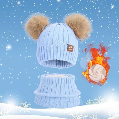 Akgukrseh 3Pcs Kids Winter Hat Scarf And Gloves Set Boys Girls Warm Plush Cold Weather 3 Piece For Grey Accessories Sets Children Outdoor Activities Sports Winter Scarves (Sky Blue,One Size) — view 2