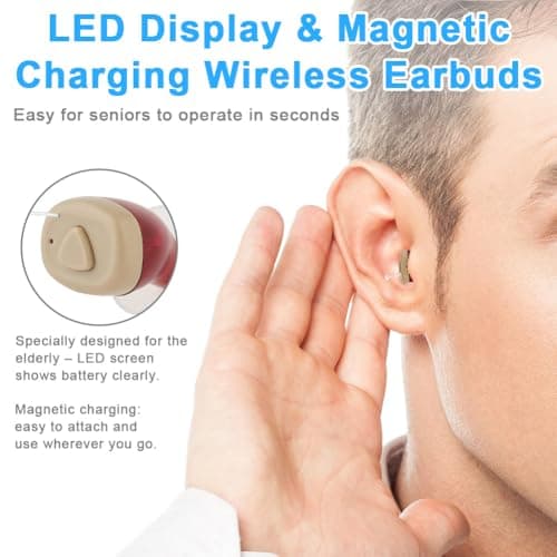Aolso Mini Digital Sound Aid Voice Enhancer, Rechargeable Sound Headphones for Seniors, Invisible Design, Noise Cancelling, in-Ear Audio Headphones Device with Charging Case-Red&Blue-Square Case — view 4