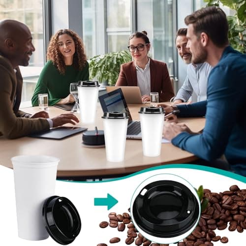 MSYU 30 Pack Reusable Coffee Cups with Lids 16 oz Plastic Tumblers for Hot Drink Travel Coffee Mug to Go (White with Black Lid) — view 3